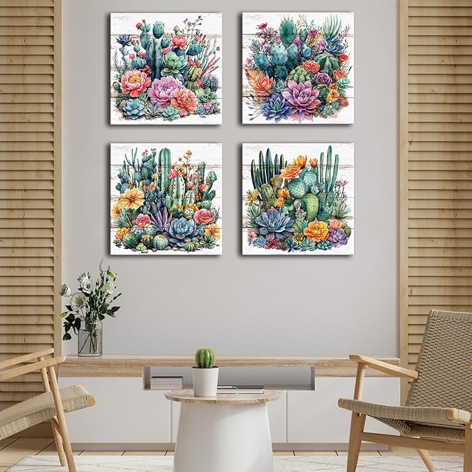 Colorful Tropical Plant Wall Art Vintage Cactus Floral Picture for Bathroom Mexican Spiny Flower Painting Canvas Prints Living Room Bedroom Boho Southwest Succulent Artwork Home Decorations 20x20" 4P