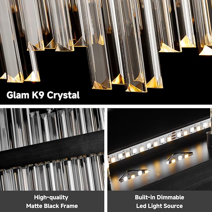 Black Modern Led Crystal Chandelier: 39.3" Rectangle Linear 3 Color Dimmable Chandeliers for Dining Room Over Table - Luxury Rectangular Contemporary Oval Light Fixture for Living Room Bedroom Foyer