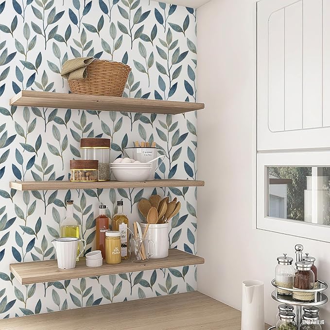 Blue and Gold Leaf Peel and Stick Wallpaper Waterproof Removable Self Adhesive Vinyl Contact Paper for Walls Boho Modern Decor for Bathroom Bedroom or Living Room 17.7"x212.6"