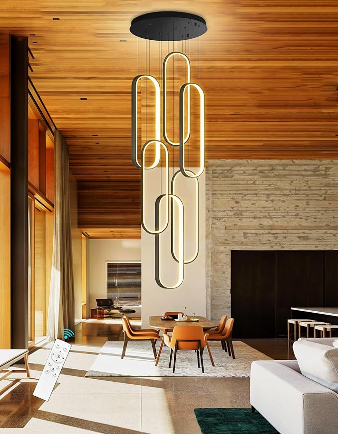 6 Rings Modern Chandelier LED Dimmable Flush Mount Ceiling Light for Foyer Living Room Staircaes Black