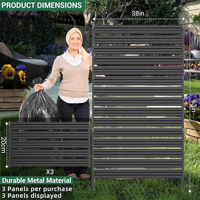 Metal Privacy Fence Panels for Outside, 63in H x 38in W Air Conditioner Fences, Pool Equipment Enclosure Trash Can Fence, No Dig Privacy Screen Fencing for Outdoor, Black