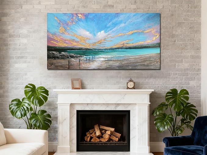 Arjun Ocean Teal Wall Art Canvas Coastal Beach Painting Blue Turquoise Landscape Sunset Picture, Panoramic Gold Foil Textured Large Artwork Framed for Living Room Bedroom Bathroom Wall Decor 40"x20"