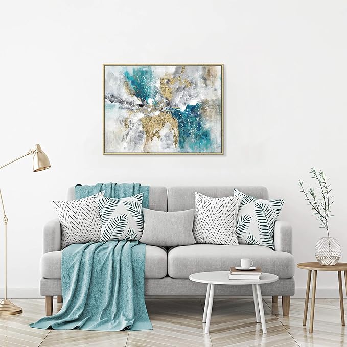 Abstract Canvas Framed Wall Art: Blue White Accent Minimalist Painting Navy Modern Textured Prints Glitter Gold Foil Artwork for Living Room Bedroom