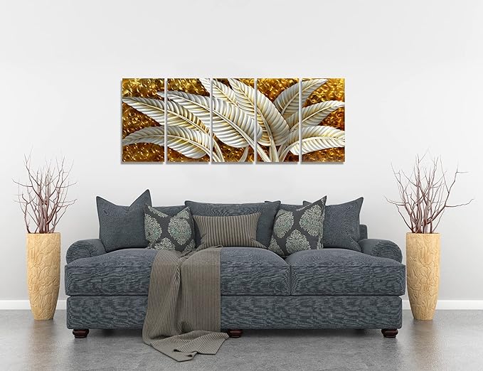 BATRENDY ARTS Silver Banana Leaves Metal Wall Art Decor Rustic Golden Aluminium Artwork Sculpture 5-panel Hand Polished Decorative Hangings for Livingroom Bedroom