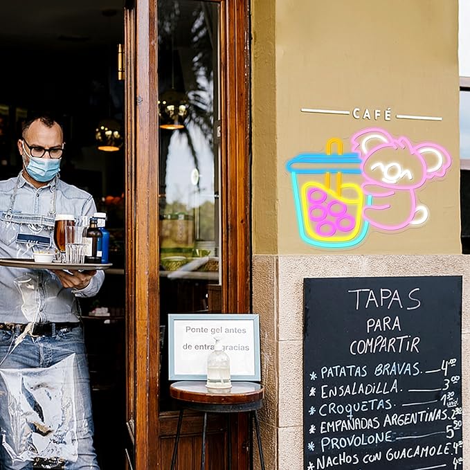 LISIGNVE Koala Bubble Tea Neon Sign for Wall Decor Cute Bear Led Signs Animal Koala Neon Light Boba Milk Tea Light Up Sign for Bubble Store Coffee Bar Dessert Shop Kids Room(16.5”*12.6”)