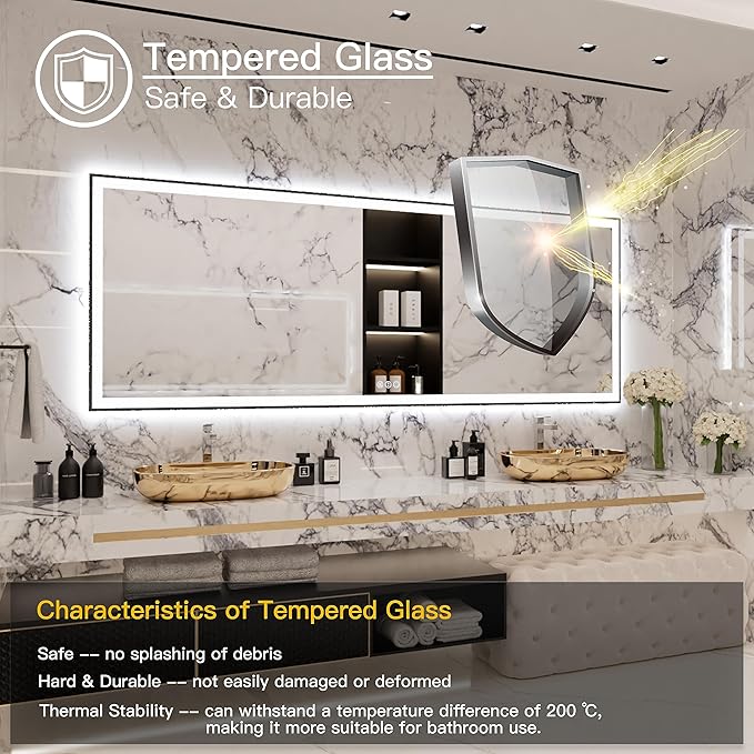 77x36 Large Light Bathroom Mirror - Backlit and Front Lighted LED Wall-Mounted Vanity Mirror Modern Rectangle Black Mirror, Dimmable, Anti-Fog, Memory, Shatterproof, ETL Listed (Horizontal/Vertical)