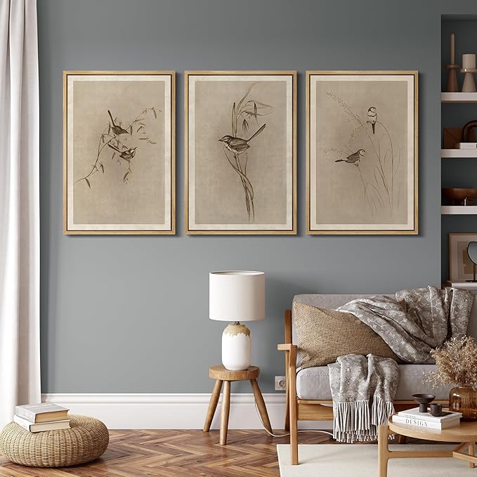 MUDECOR Framed Wall Art Print Set Vintage Bird Wheat Ear Illustrations Modern Art Boho Decorative Colorful Chic for Living Room, Bedroom, Office - 16"x24"x3 Natural