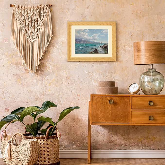 Brivoria Framed Coastal Canvas Wall Art Gallery Decor 13x16 Inch Faux Wood Frame with Mat for Bedroom Hallway or Cottage Display Gallery Nautical Print – Rocky Coast