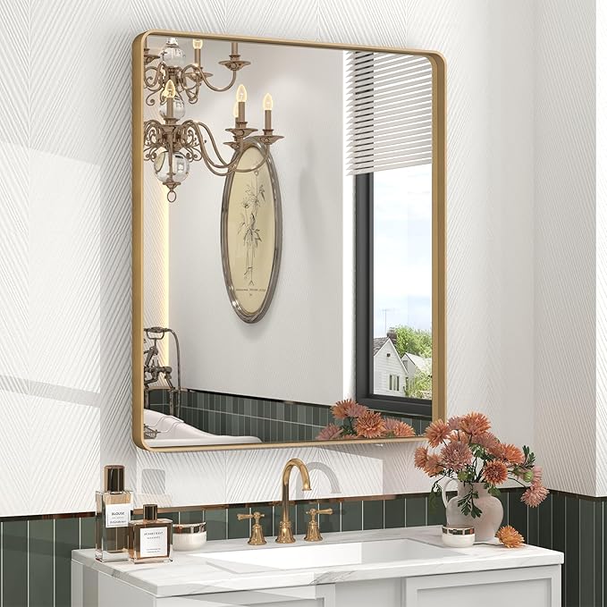 28x32 Gold Bathroom Mirror, Rounded Rectangle Gold Frame Mirror, Brushed Gold Brass Bathroom Vanity Mirror Wall-Mounted, Anti-Rust, Hangs Horizontally or Vertically