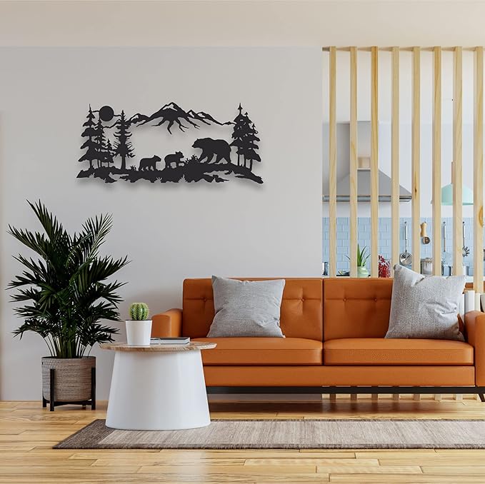 Metal Wall Art, Metal Bear Family Art, Tree Mountain Decoration, Nature Wall Decor, Wildlife Lover Gift, Wall Hangings (30"W x 13"H / 75x33cm)