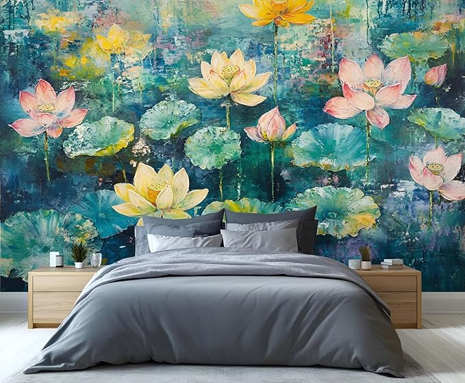 Lotus Flowers Mural Wallpaper, Watercolor Flowers Murals, Modern Simple Wall Art Murals Wallpaper for Living Room Bedroom Home Decor Mural - 98.4" W x 68.32" H (Not Peel Stick)