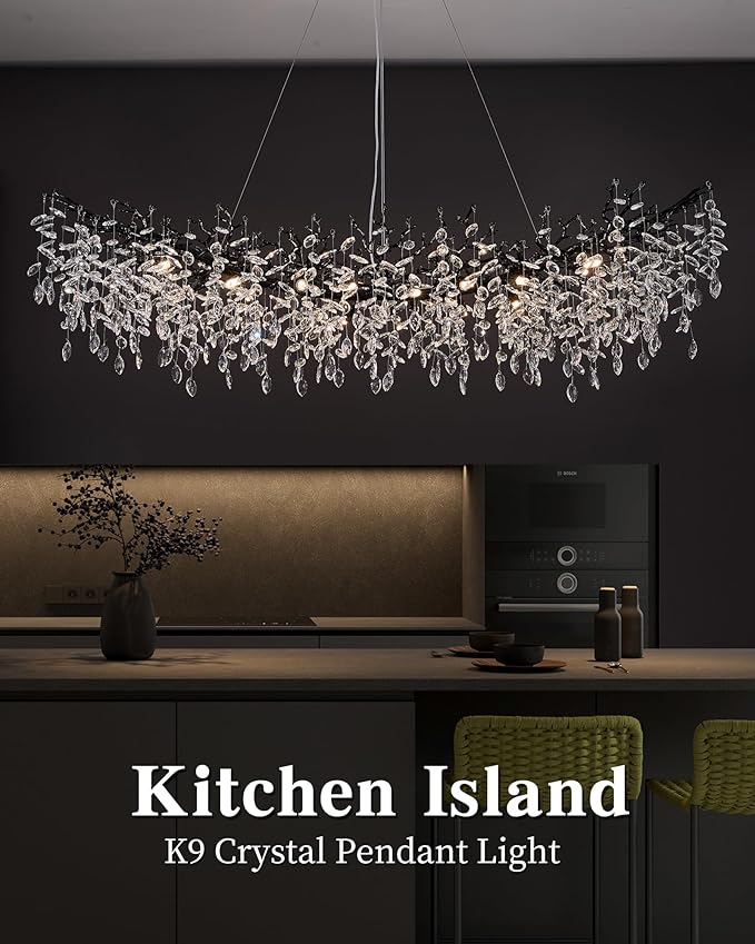 Black Chandelier, 16 Light Modern Chandelier for Dining Room Over Table, Industrial 63" Hanging Lighting with K9 Crystal Tree Branch Rectangular Chandeliers for Living Room Kitchen Island