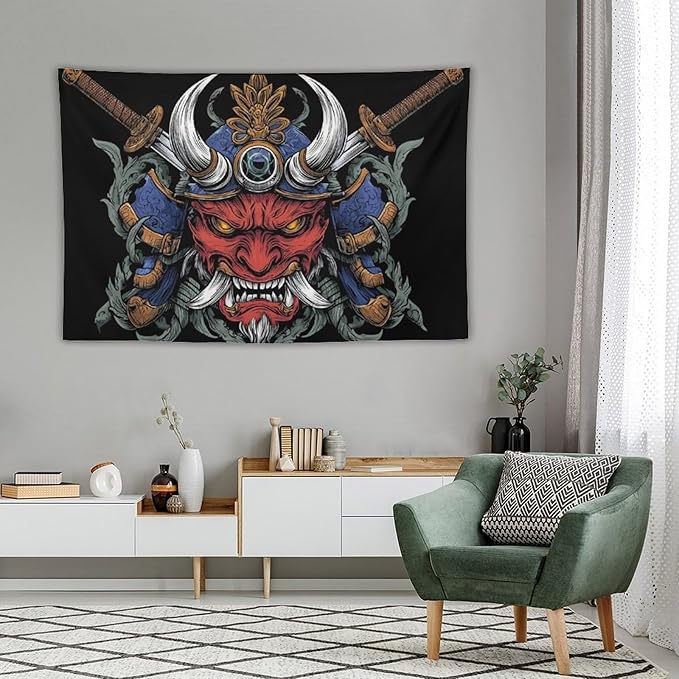 UUKXKUU Oriental Retro Mask Symmetry Samurai Japanese Tapestry Large Wall Art Decor Wall Hanging Flag Backdrop for Living Room Dorm Office Bedroom 40"×60"