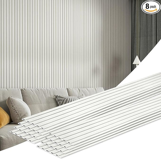 Art3d 8 Pack 96" x 6" WPC Slat Wall Panels, 3D Fluted Panel for Interior Wall Decor, TV Background, Bedroom, Living Room - Off-White