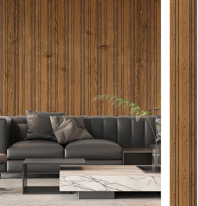 Art3d 4-Pack Glue-On Wall Panels, Wood Grain Texture Interior Wall Decor, 104"x12" Recycled Polystyrene Wainscoting Panels, Low Emission for Living Room Bedroom,Earth Teak