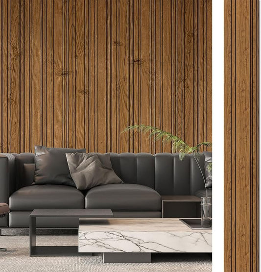 Art3d 4-Pack Glue-On Wall Panels, Wood Grain Texture Interior Wall Decor, 104"x12" Recycled Polystyrene Wainscoting Panels, Low Emission for Living Room Bedroom,Earth Teak