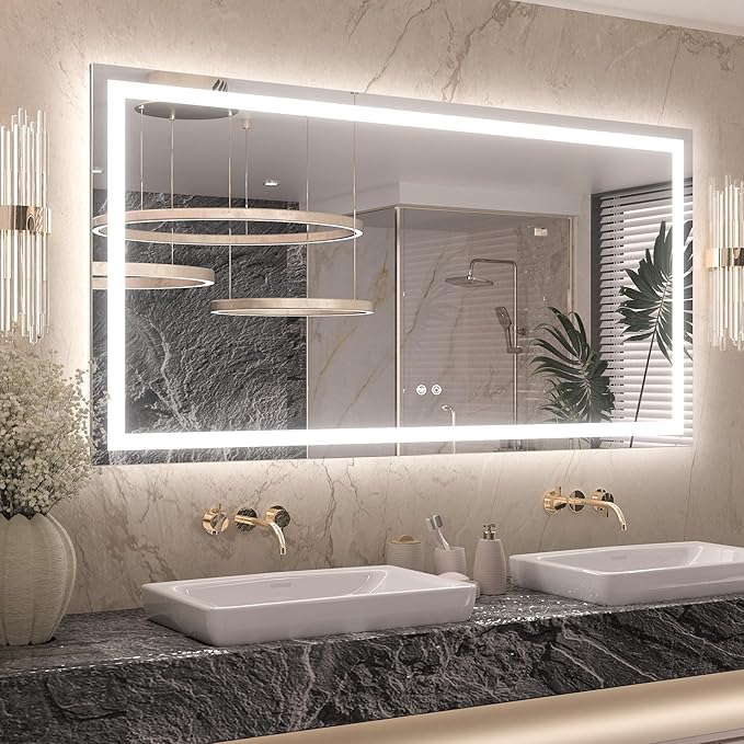 Keonjinn LED Bathroom Mirror 55 ” x 30 ” with Frontlit & Backlit, Lighted Mirror for Bathroom Wall with Dimmable 3-Color Lights, Anti-Fog Mirror with HD Tempered Glass, UL-Listed LED Driver