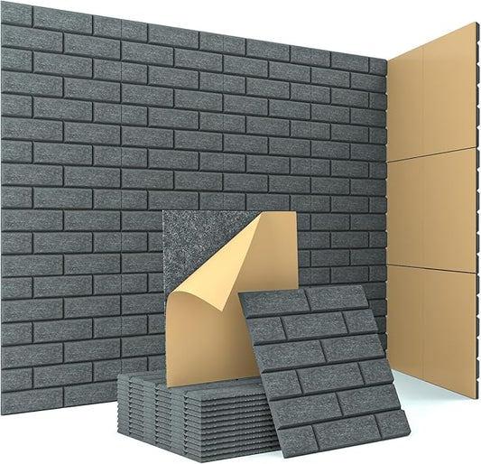 Acoustic Wall Panels, Brick Pattern Peel and Stick Sound Absorbing Panel for Ceiling, Door, Pared, 12 Pack 12"x12"x0.4", Dark Grey Decorative Self Adhesive Wall Tiles for Recording Studio, Room