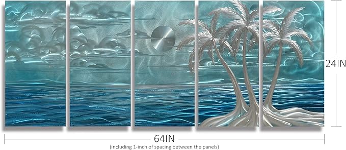 BATRENDY ARTS Blue Metal Tree Wall Art Silver Coconut Palm by the Sea Hand-polished Tropical Artwork Accent Contemporary Bedroom Decor Hangings