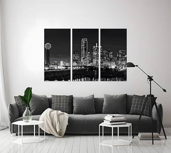 NAN Wind 3 Pcs Dallas Skyline Canvas Wall Art Black and White Cityscape Night Scene Modern City Giclee Prints on Canvas Framed Urban Home Decor Skyscrapers Picture Painting for Room Decor