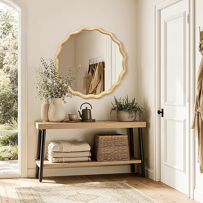 Circle Wood Mirrors for Wall, Wavy Round Bathroom Scalloped Mirror Wooden Frame 24 Inch for Living Room Farmhouse Bedroom Hallway Entryway Living Room with Shatterproof Glass Wall Mounted