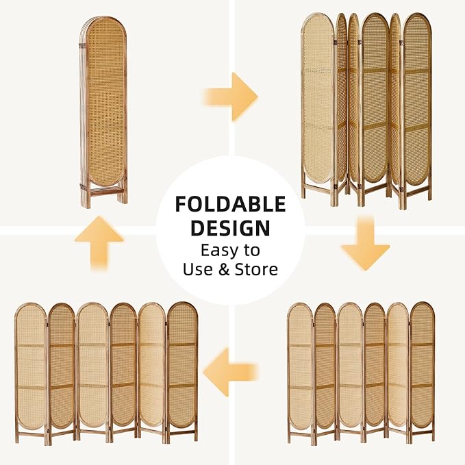 6 Panels Room Divider, Foldable Wooden Room Divider, Individual Privacy Screen Made of Hand-Woven Rattan, Portable Wall Divider for Home Office Bedroom Bathroom Dressing Room (Natural)