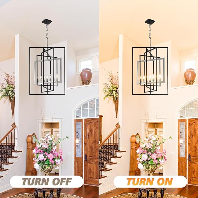 7-Light Farmhouse Lantern Pendant Light Fixtures, Rustic Industrial Foyer Lighting Fixtures, Large Foyer Chandeliers for High Ceilings, for Dining Room, Kitchen Island, Entryway（Black & Silver）