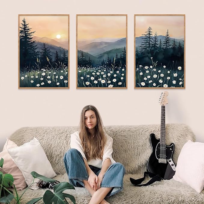 KAIRNE 3 Piece Framed Mountain Landscape Wall Art with Daisies, Sunset Forest and Misty Pine Tree Canvas Prints, Nature Scenery Home Decor for Living Room, Bedroom, Office, 16x24inch