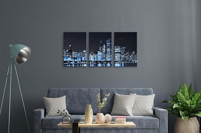 NAN Wind Chicago City Center Skyline Canvas Prints Modern Office Decor Chicago Skyline Canvas Art Cityscape Wall Decorations Blue Wall Decor for Living Room Pictures for Bedroom Decorations