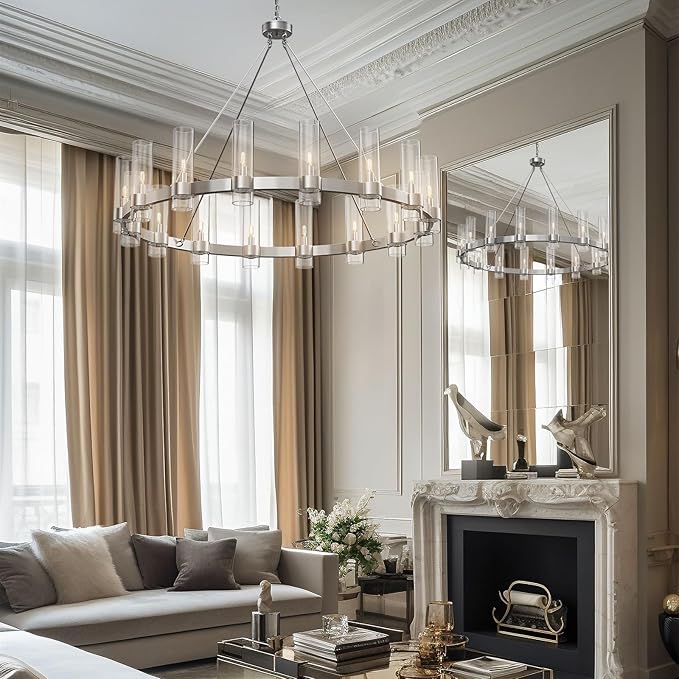 Modern Chandelier,Wagon 16-Lights Wheel Chandelier with Glass Shade, Nickel 48 Inch Large Round Industrial High Ceilings Pendant Lighting Fixture for Dining Room, Living Room, Foyer