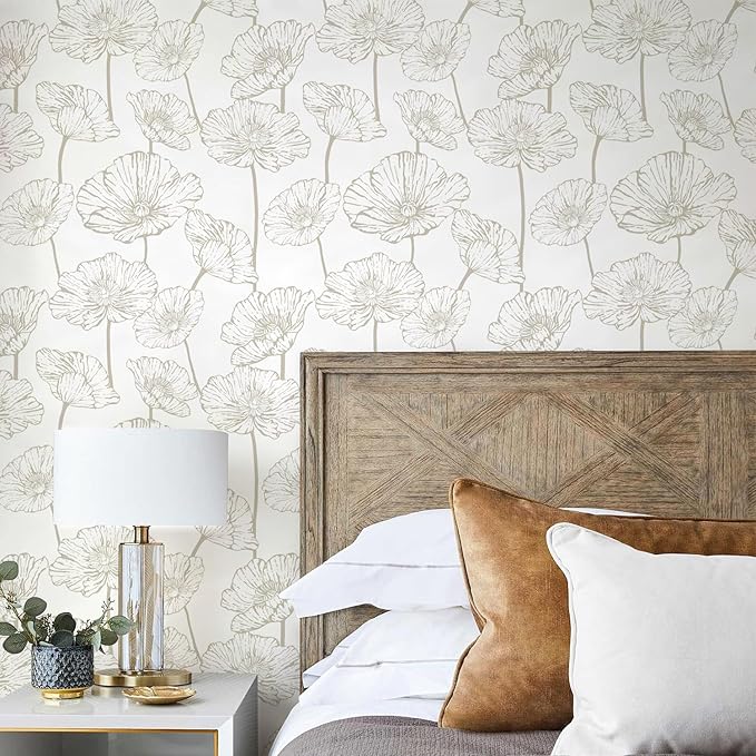 Orainege Peel and Stick Wallpaper Beige and White Floral Wallpaper 17.3inx393.7in Self Adhesive Contact Paper Removable Decorative Wall Paper for Bedroom Bathroom Cabinets Decor Vinyl