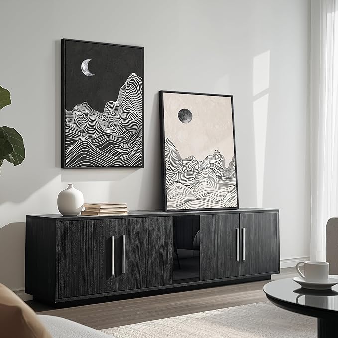 Large Framed Black and White Abstract Wall Art for Living Room, Set of 2 Modern Canvas Prints Paintings Artwork for Walls, Abstract Mountain and Moon Pictures for Bedroom Hallway Wall Decor 24x36 In