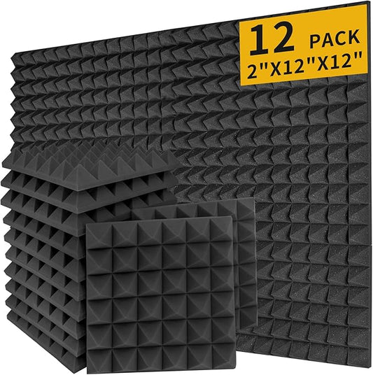 12 Pack Soundproof Wall Panels, Saiqiang Acoustic Foam 2" x 12"x 12" Sound Panels Acoustic Panels Sound Absorbing Black Sound Proof Panels for Walls Pyramid Soundproofing Studio Foam