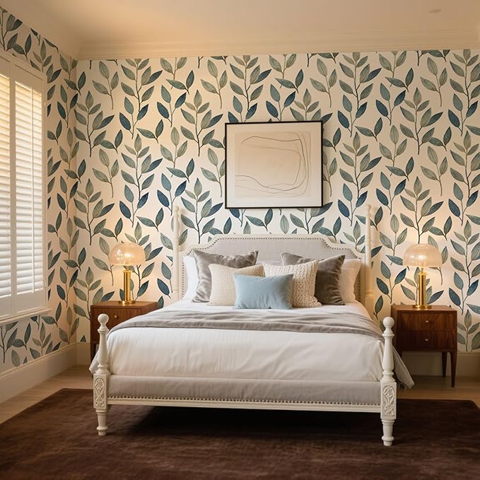 Blue and Gold Leaf Peel and Stick Wallpaper Waterproof Removable Self Adhesive Vinyl Contact Paper for Walls Boho Modern Decor for Bathroom Bedroom or Living Room 17.7"x212.6"