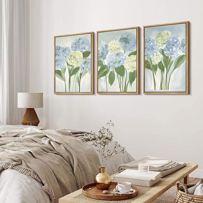 MUDECOR Framed Wall Art Print Set Blue Hydrangea Floral Botanical with Green Leaves Illustrations Modern Art Boho Decorative Colorful Chic for Living Room, Bedroom, Office - 24"x36"x3 Natural