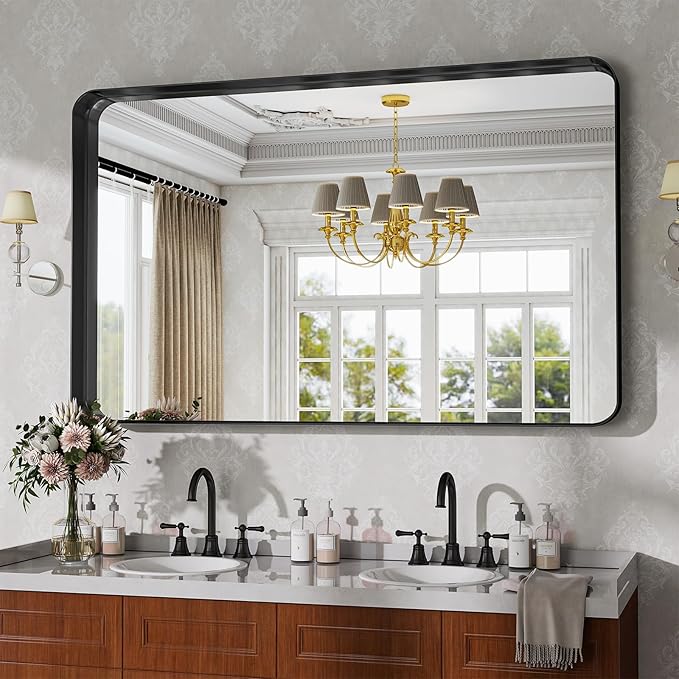 Bathroom Mirror Vanity for Over Sink Wall Mirror - 30x48 Inch Rounded Corner Rectangle Aluminum Frame Mirror,Hangs Horizontally or Vertically for Living Room Bedroom or Entryway Black