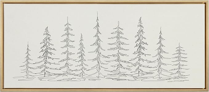 Kate and Laurel Sylvie Minimalist Evergreen Trees Sketch BW Framed Canvas Wall Art by The Creative Bunch Studio, 18x40 Bright Gold, Minimal Christmas Tree Art for Wall