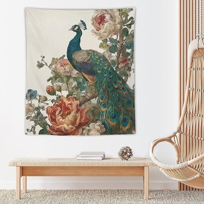 UUKXKUU Peacock Oriental Retro Blooming Flowers Tree Tapestry Wall Decor Large Wall Art Backdrop Flag Hanging for Bedroom Living Room Dorm Office 50"×60"