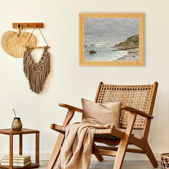 Brivoria Framed Canvas Wall Art Coastal Impressionist Decor 13x16 Inch Claude Monet Ocean View Canvas with Faux Wood Frame for Living Room, Hallway, or Gallery Wall Nautical Accent – La Heve