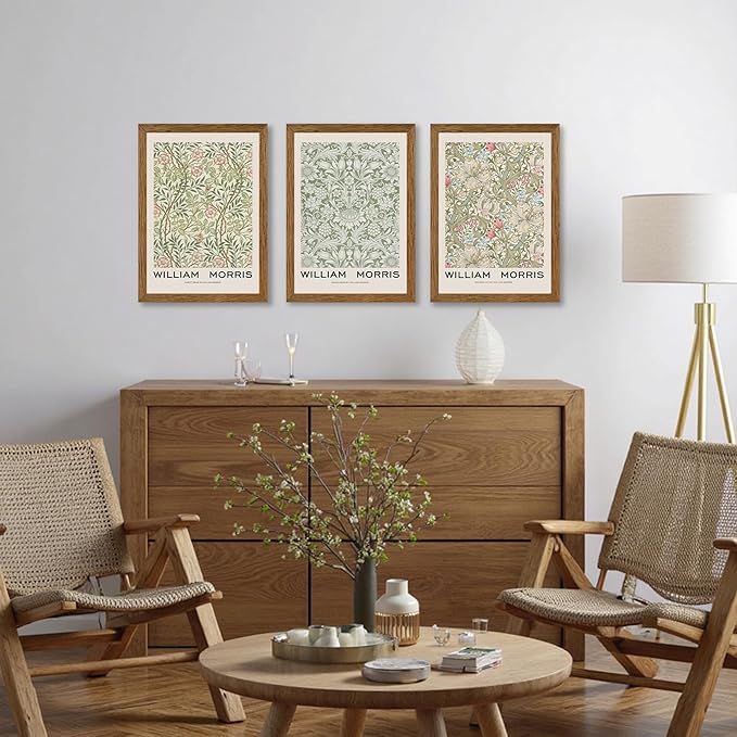 JLTULT 3 Piece Wood Frames Vintage Floral Canvas Wall Art, William Morris Flower Pattern Wall Decor, Nature Botanical Picture Artwork Prints for Living Room Bedroom Office 12x16 inch Easy to hang