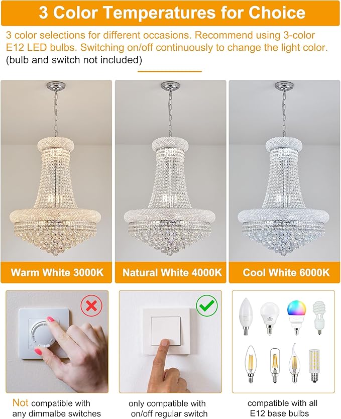 14 Lights Chrome Finish Empire Crystal Chandelier Lighting for Living Room Foyer Dining Room Hallway Entryway (Dia 24'')