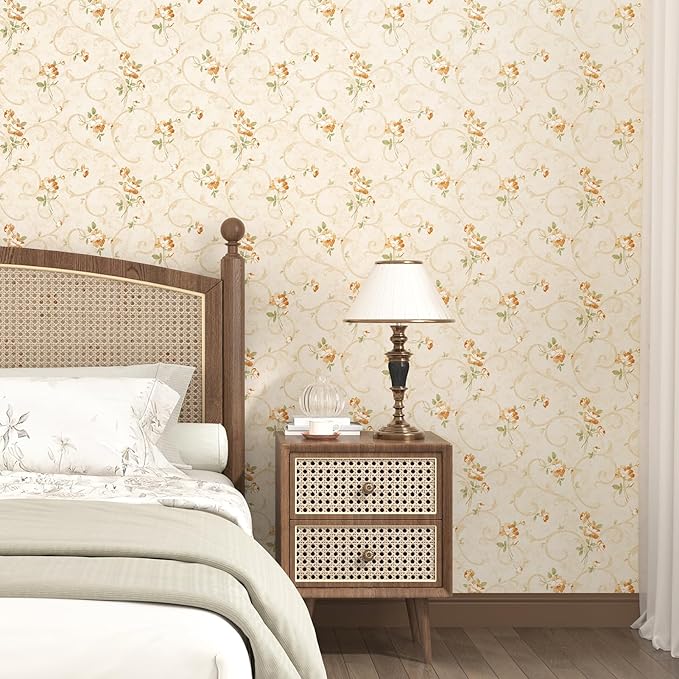 17.5"x315" French Country Wallpaper Beige Vintage Floral Peel and Stick Wallpaper for Accent Walls Yellow Wild Flowers Rustic Boho Contact Paper Floral Removable Contact Paper Wall Decorative
