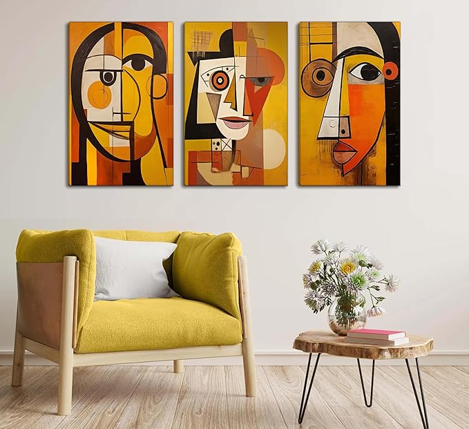 3 Pcs Modern Abstract Portrait Canvas Wall Art Vintage Neutral Geometry Orange Contemporary Aesthetics Painting Picture Wall Decor Poster Print Artwork for Bedroom Living Room Office Bathroom