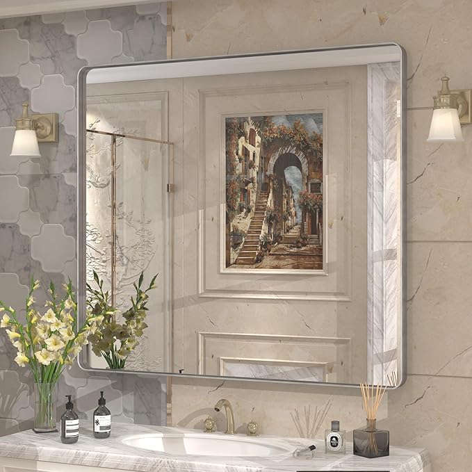 40x36 Inch Brushed Nickel Bathroom Mirror for Wall, Rounded Rectangle Silver Framed Bathroom Vanity Mirror, Anti-Rust, Shatterproof, Hangs Horizontally or Vertically