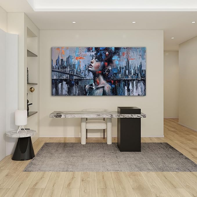 Navy Blue Abstract Wall Art Woman Picture for Living Room Modern Home Bedroom Decoration New York City Framed Cityscape Artwork Decor 29x58IN