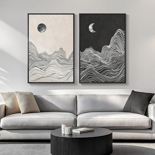 Large Framed Black and White Abstract Wall Art for Living Room, Set of 2 Modern Canvas Prints Paintings Artwork for Walls, Abstract Mountain and Moon Pictures for Bedroom Hallway Wall Decor 24x36 In