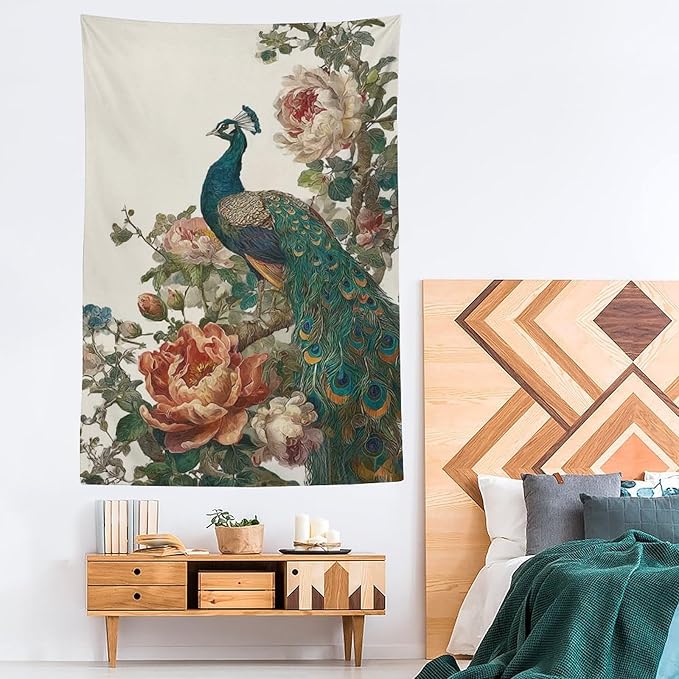 UUKXKUU Peacock Oriental Retro Blooming Flowers Tree Tapestry Wall Decor Large Wall Art Backdrop Flag Hanging for Bedroom Living Room Dorm Office 60"×90"