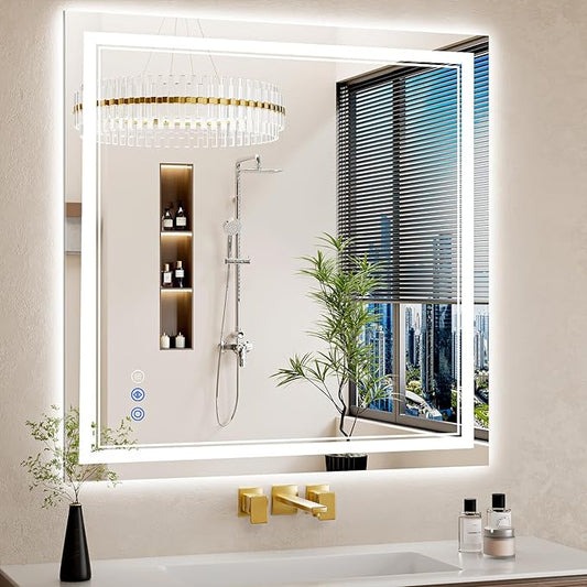 36"x36" LED Bathroom Mirror with Lights, Anti-Fog, Backlit + Front Lit, Dimmable, Led Vanity Mirror for Wall, 3 Colors, Memory Function, Shatter-Proof Tempered Glass