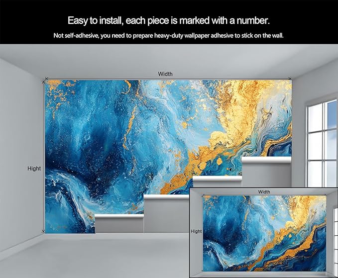 Blue Gold Marble Mural Wallpaper, Modern Fashion Marble Murals, Abstract 3D Texture Murals Wallpaper for Living Room Bedroom Tv Background Wall Home Decor Mural (Not Peel Stick)