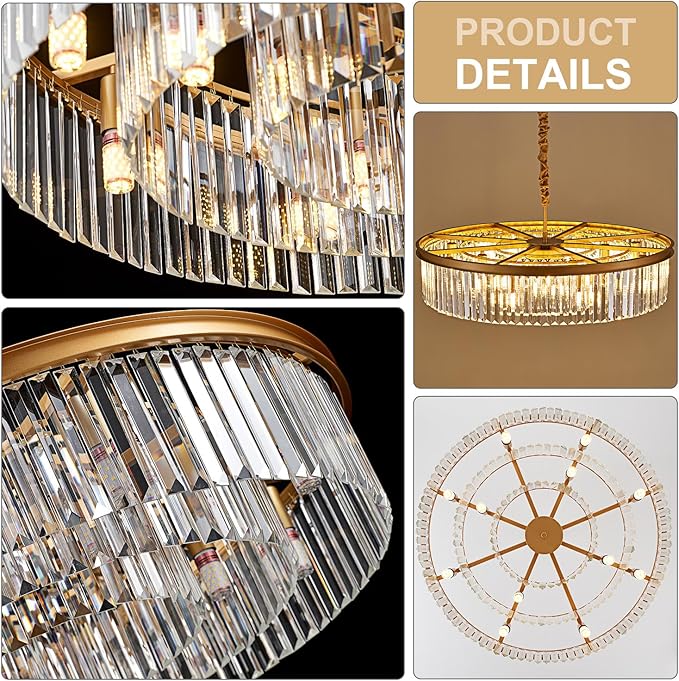 31.5" 12-Light Modern Crystal Chandelier Light Fixtures 3 Rings Gold Luxury Chandeliers for Living Room Glam Round Hanging Ceiling Pendant Lighting for Entryway Kitchen Bedroom Dining Room